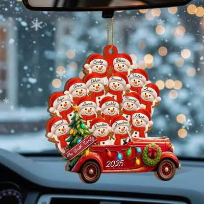 Personalized Big Family Snowman On Red Truck Wooden Ornament, Gift For Family and Christmas Lovers