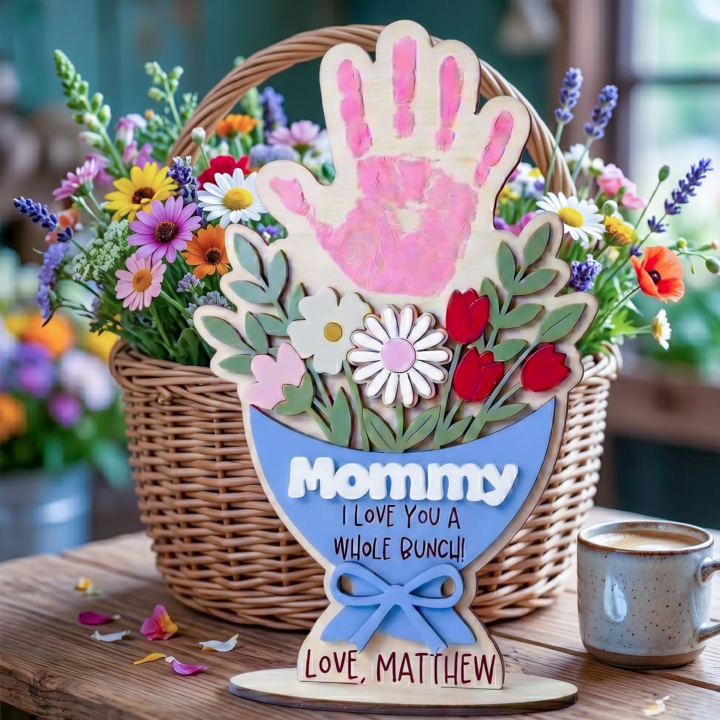 Personalized Wooden Flower Bouquet Handprint Sign With Flat Base, Custom Mom Grandma Handprint Plaque, Kids Fingerprint Art Gift, Mother Day Keepsake, Family Name Sign
