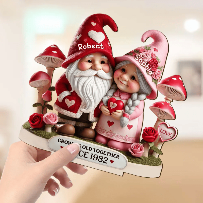 Gnome Mushroom Old Couple Valentine's Day Gift for him, Gift for her, Personalized Wooden Standing