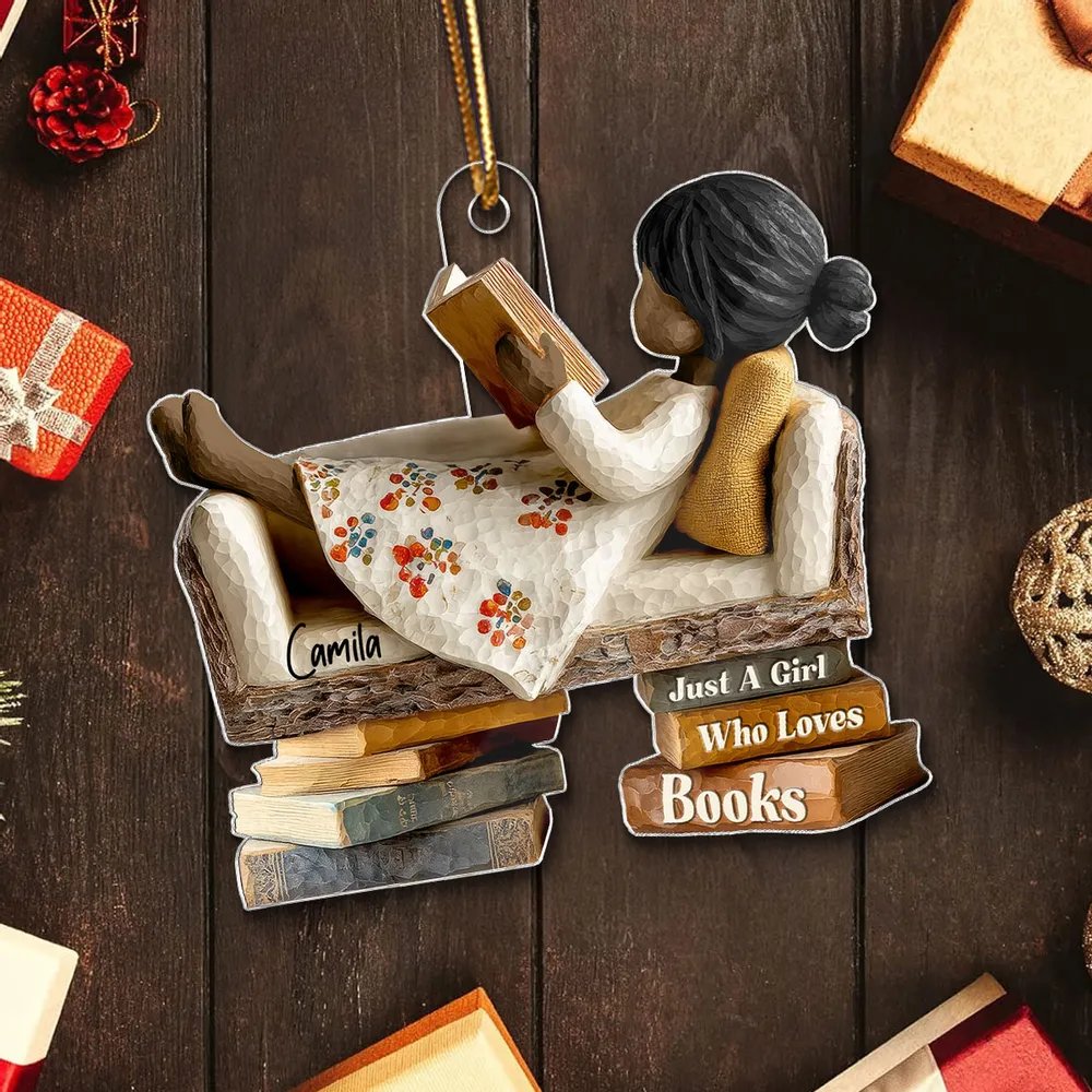 Man Woman Reading Book On Sofa - Personalized Acrylic Ornament - Christmas Gift For Book Lover, Bookworm