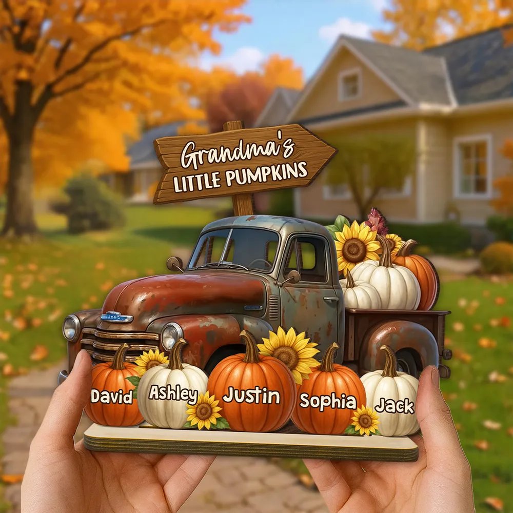 Grandma's Little Pumpkin Fall Truck Personalized Standing Wooden Plaque, Fall Decor for Grandma