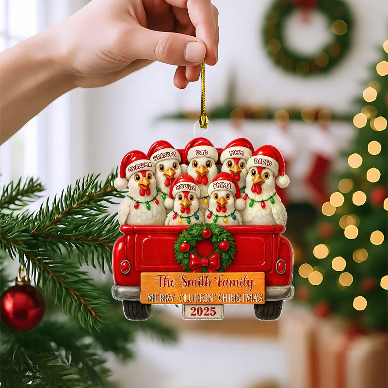 Merry Cluckmas Red Truck - Personalized Chicken Family On Truck Acrylic Ornament