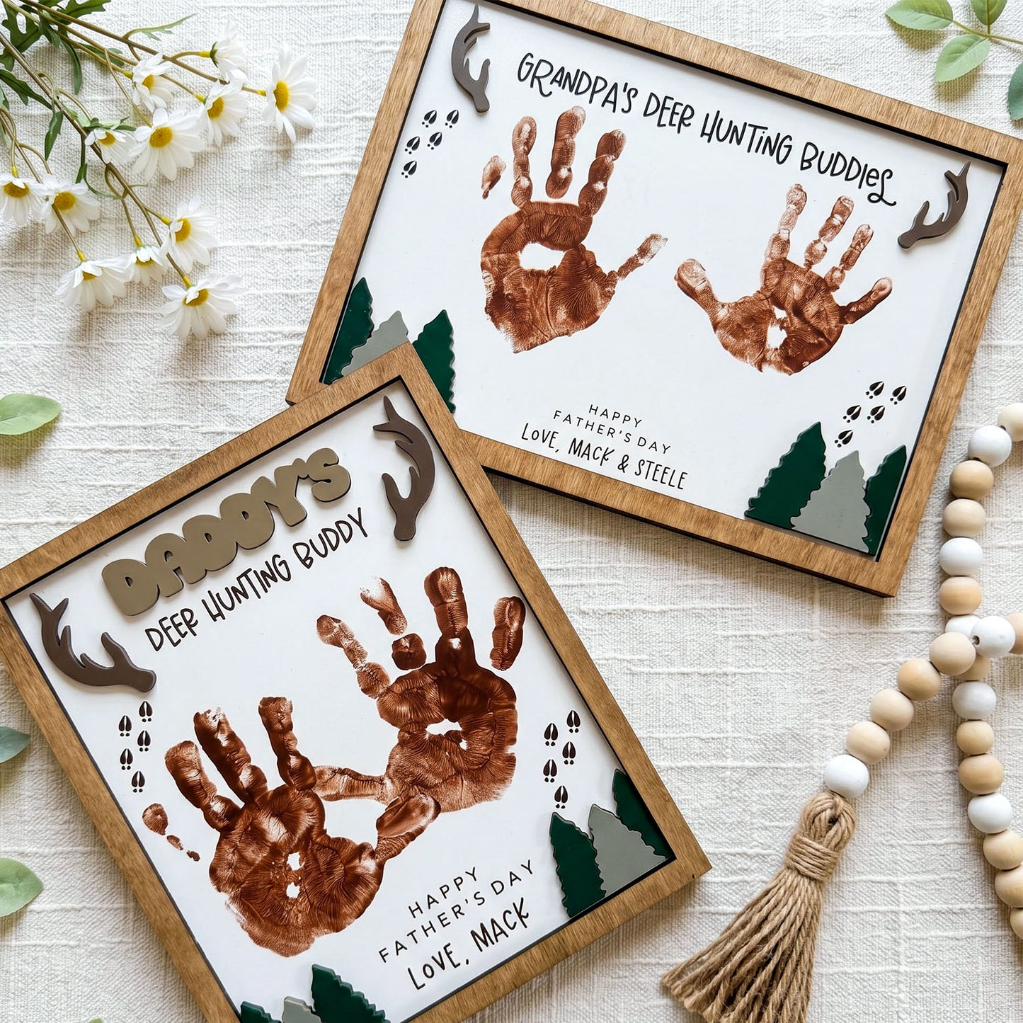 Personalized Deer Hunting Handprint Wooden Sign, Custom Daddy Grandpa Hunting Buddy Sign Decor, Rustic Father's Day Gift