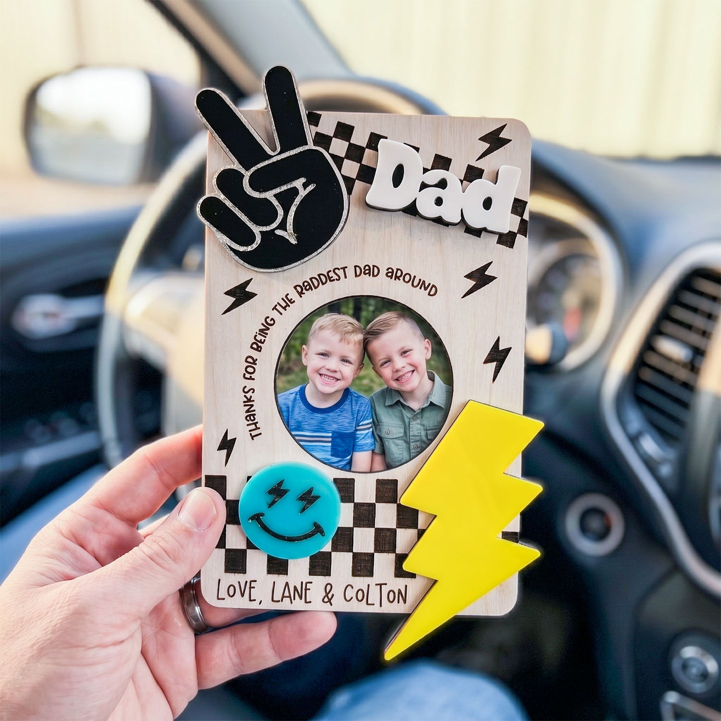 Personalized Racing Photo Holder Car Visor Clip, Custom Dad Car Sun Visor Picture Frame With Motocross And Checkered Flag Decor, Drive Safe Gift From Kids