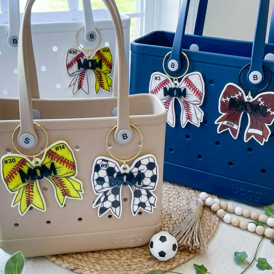 Personalized Sport Mom Bag Tag, Custom Sports Bow Bag Charm, Baseball Softball Soccer Football Mom Gift, Personalized Team Mom Bag Accessory