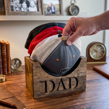 Personalized Wooden Dad Hat Holder Box, Custom Engraved Baseball Cap Storage Display, Rustic Home Decor Organizer, Father’s Day Gift for Dad