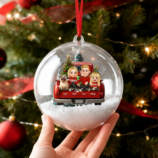 Family Sitting On Truck Ball Ornament - Personalized Snow Globe Ornament - Christmas Festive Decor, Gift for Husband, Wife, Children
