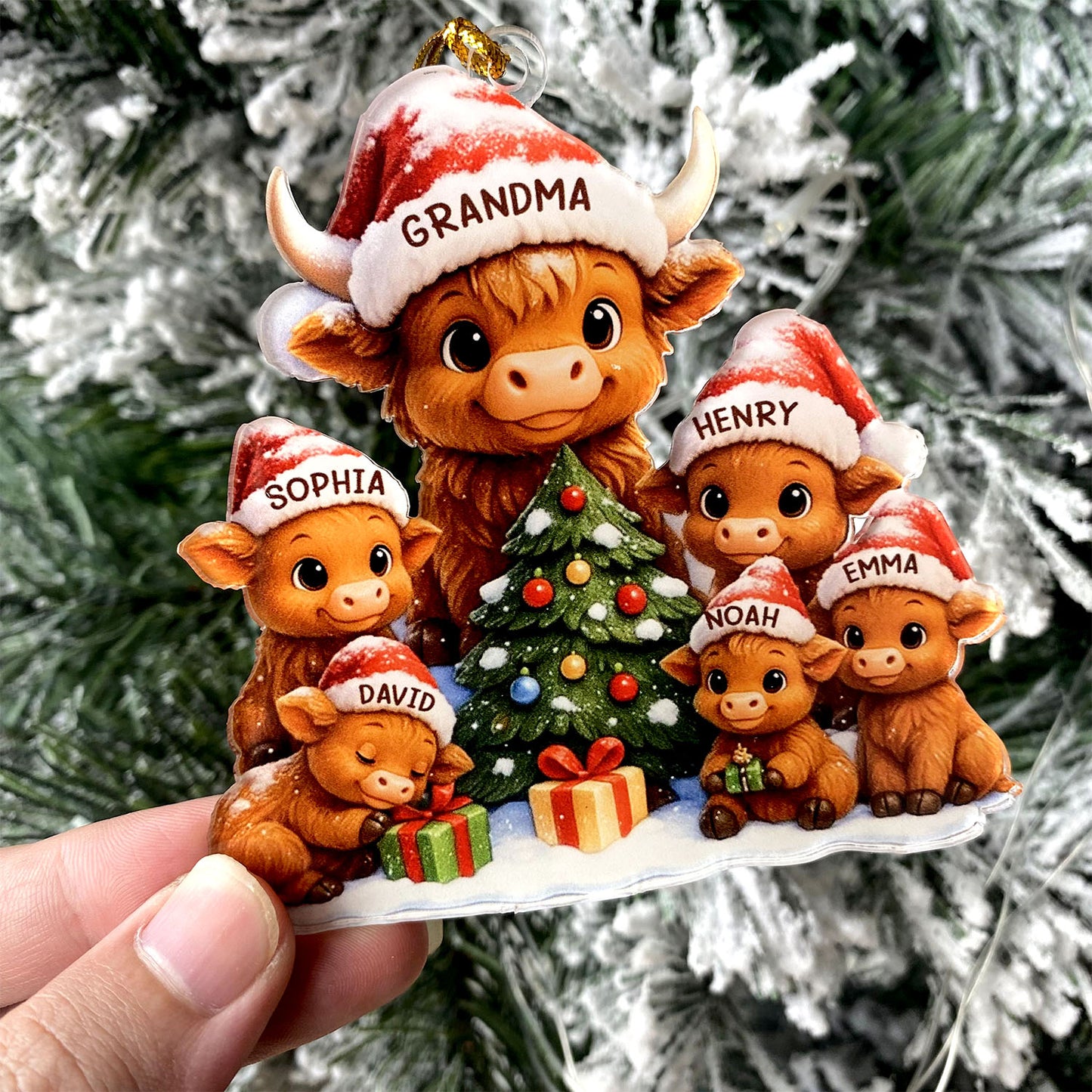 Personalized Christmas Grandma Cow Family On Truck Acrylic Ornament, Christmas Ornament Gift