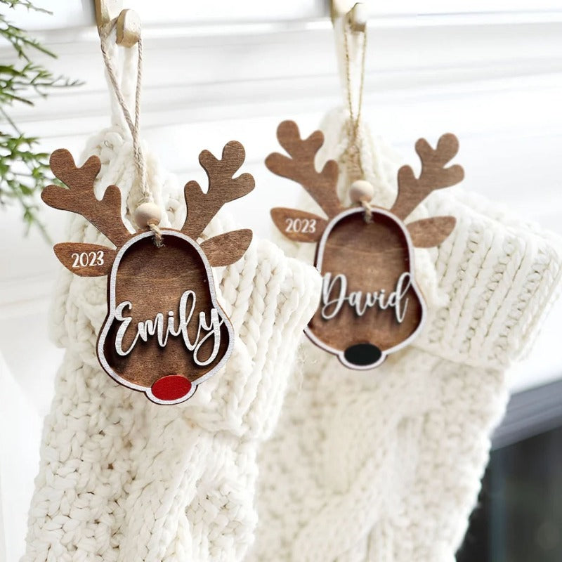 Personalized Reindeer Wooden Ornament, Christmas Family Reindeer Name Tag