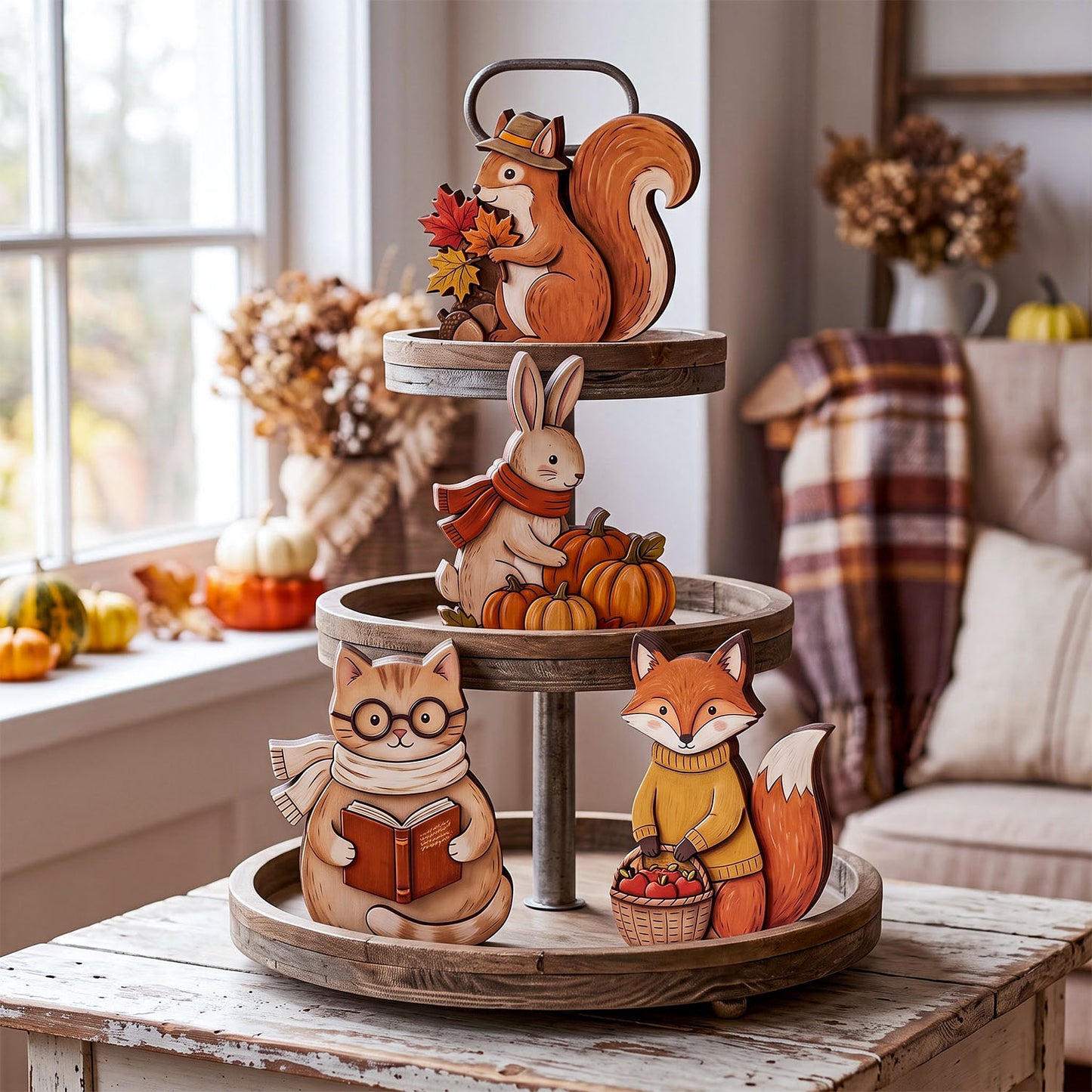 Cozy Fall Woodland Animal Wooden Block Sign, Autumn Shelf Decor Scene, Rustic Fall Home Decor