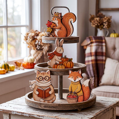 Cozy Fall Woodland Animal Wooden Block Sign, Autumn Shelf Decor Scene, Rustic Fall Home Decor