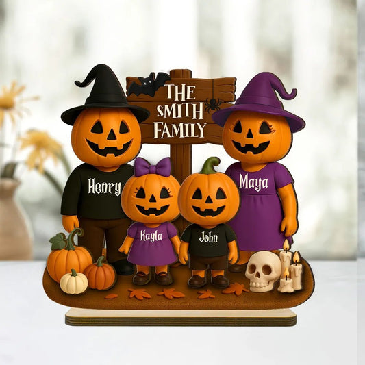 Jack O' Lantern Family 3D Effect Personalized Standing Wooden Plaque, Halloween Decor