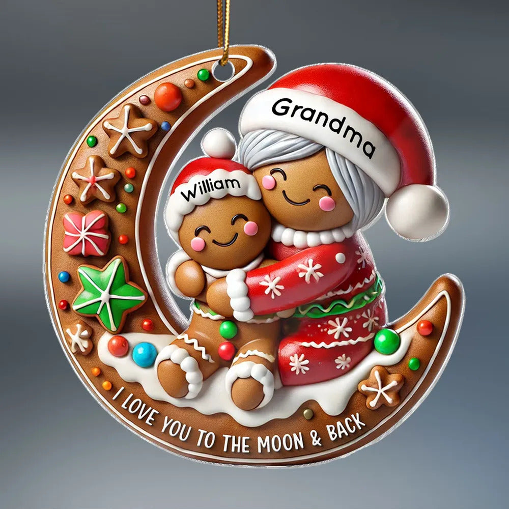 3D Effect Gingerbread Grandma Hugging Grandkid On Moon Christmas Personalized Acrylic Ornament, Gift For Granddaughter, Grandson