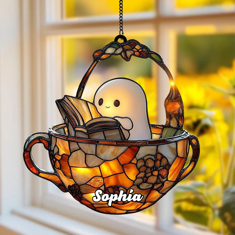 Reading Ghost in Teacup Faux Stained Suncatcher, Acrylic Halloween Window Hanging for Spooky Bathrooms and Book Lovers, Reader Gift