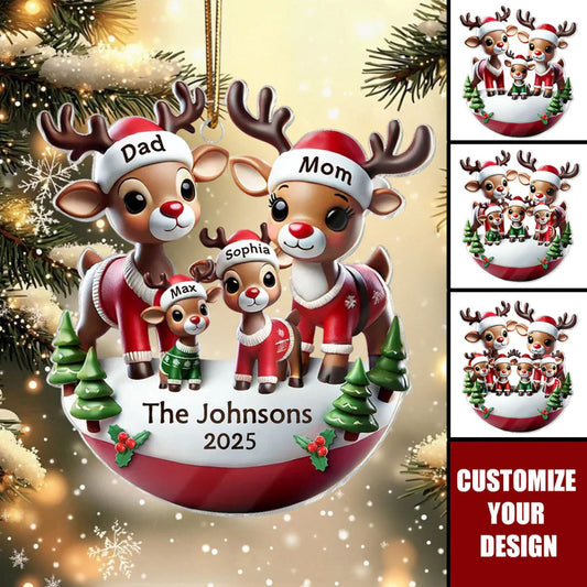 Personalized Reindeer Family 3D Effect Acrylic Ornament, Cute Christmas Decoration