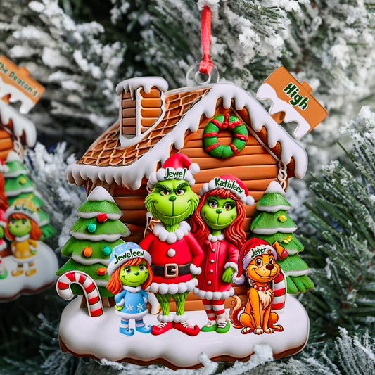 Personalized Cartoon Green Family Acrylic Ornament, Heartwarming Holiday Decoration For Family