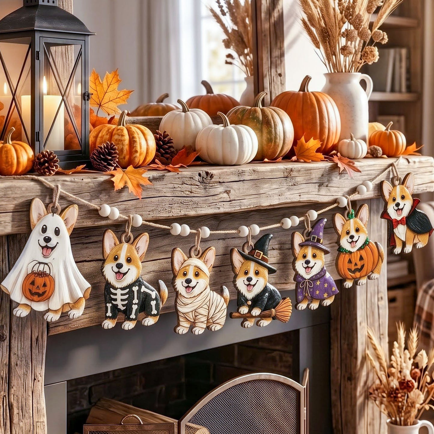 A cozy fall holiday display on a rustic wooden mantel with a string of dog-shaped Halloween ornaments in ghost, skeleton, puppy, witch, and pumpkin costumes, surrounded by pumpkins, candles, and autumn decor.