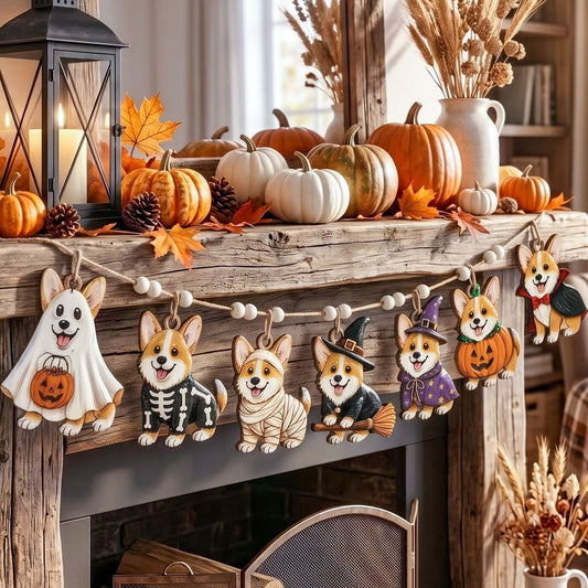 A cozy fall holiday display on a rustic wooden mantel with a string of dog-shaped Halloween ornaments in ghost, skeleton, puppy, witch, and pumpkin costumes, surrounded by pumpkins, candles, and autumn decor.