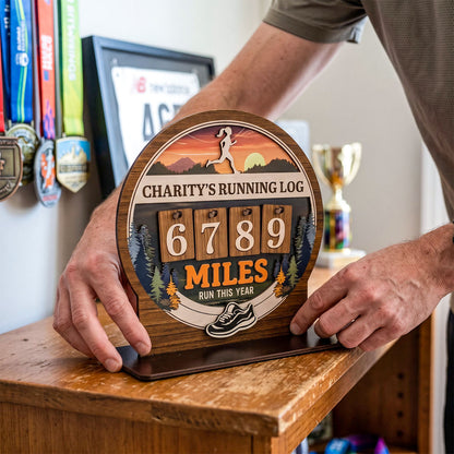Personalized Running Miles Tracker Sign With Flat Base, Mountain Sunset Design, Holiday Gift for Runners