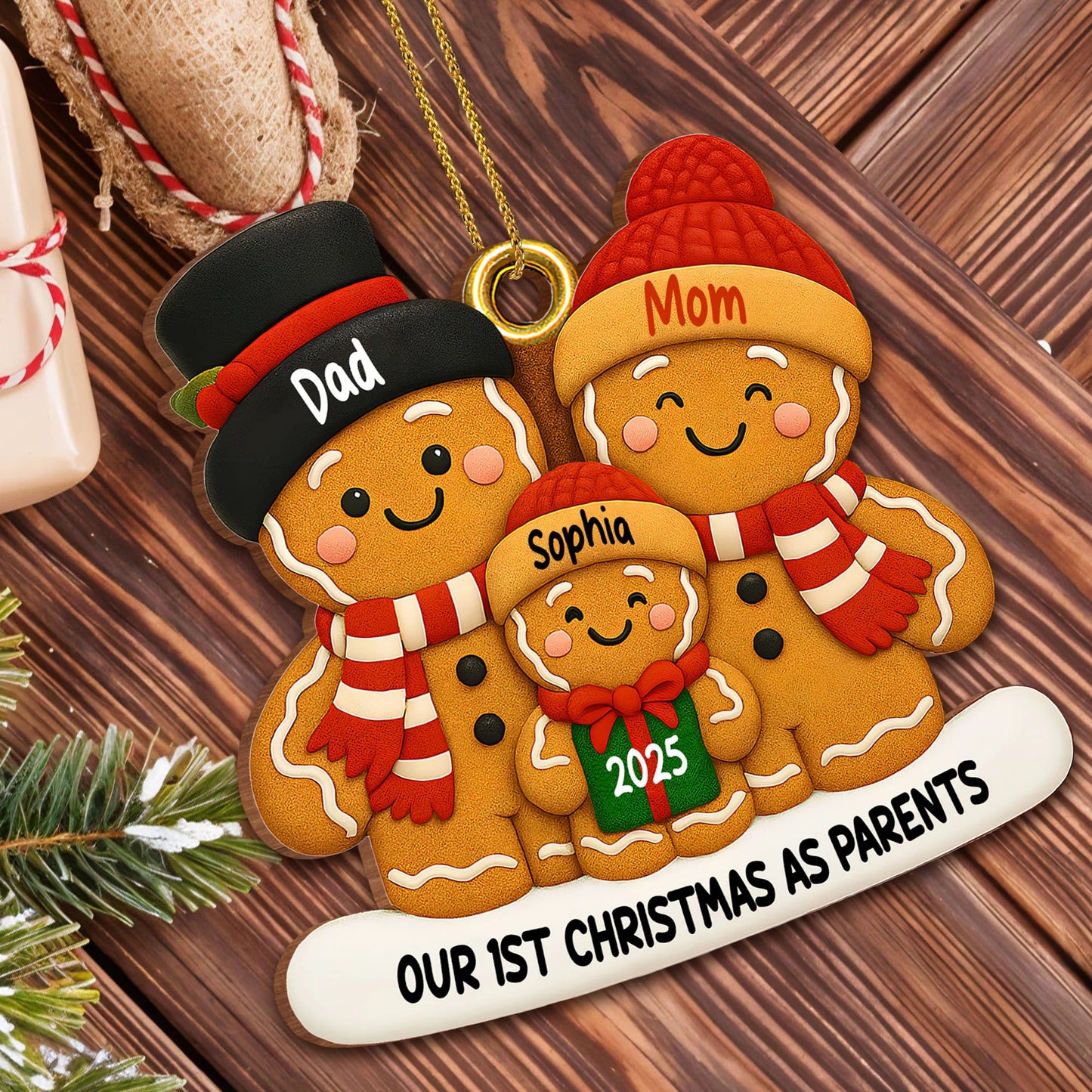Our 1st Christmas As Parents Gingerbread Family, Personalized Wood Ornament, Gift For New Parents