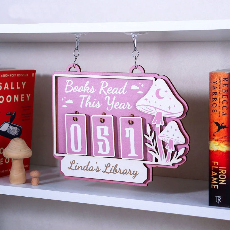 Personalized Mushroom Books Read Tracker Hanging Sign, Bookish Decor, Bookish Gift, Gift for Readers, Book Lovers Gift