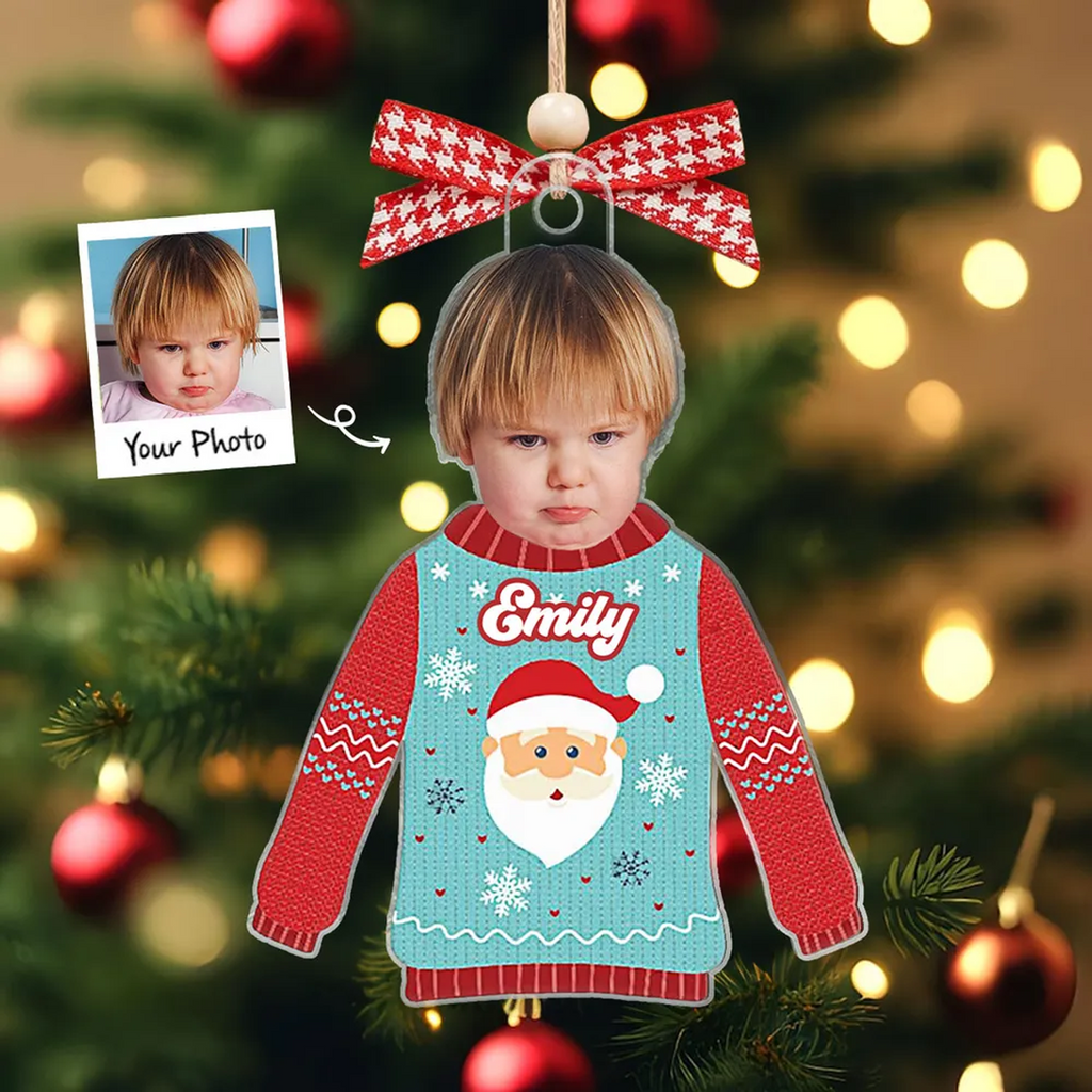 Personalized Photo Funny Kid In Christmas Ugly Sweater Acrylic Ornament, Christmas Gift For Daughter Son Granddaughter Grandson Nephew, Niece