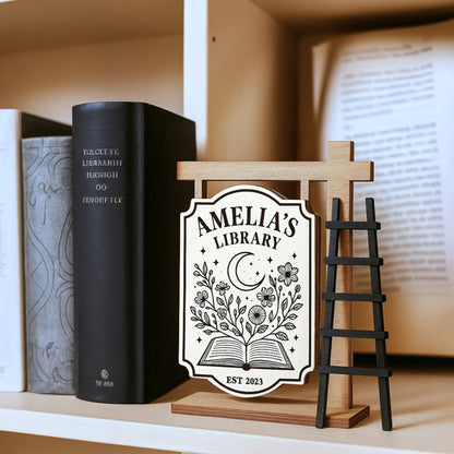 Personalized Wildflower Book Moon Book Signpost Mini Plaque, Library Decor, Bookshelf, Book Lover Gift, Bookish, Gifts For Readers