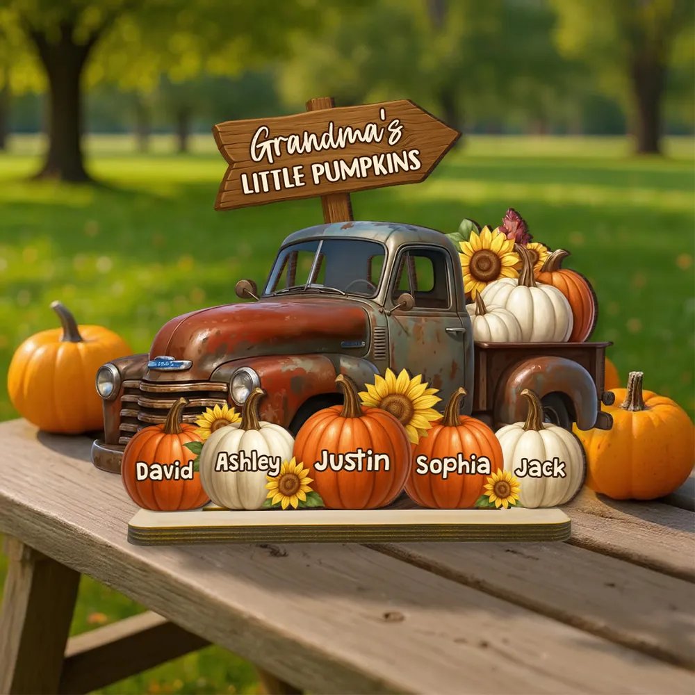 Grandma's Little Pumpkin Fall Truck Personalized Standing Wooden Plaque, Fall Decor for Grandma