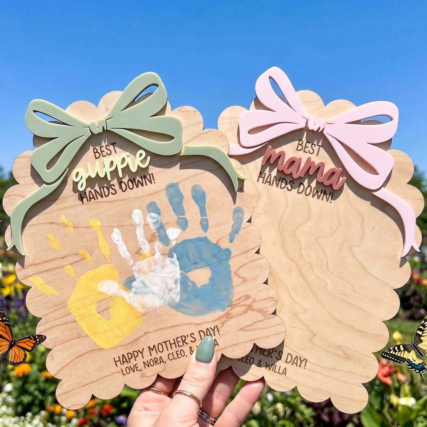 Personalized DIY Bow Ribbon Scallop Handprint Sign, Custom Kids Handprint Keepsake Plaque, Best Mama Grandma Hands Down Design, Mother’s Day Gift, Family Keepsake Decor