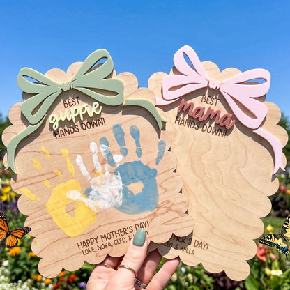 Personalized DIY Bow Ribbon Scallop Handprint Sign, Custom Kids Handprint Keepsake Plaque, Best Mama Grandma Hands Down Design, Mother’s Day Gift, Family Keepsake Decor