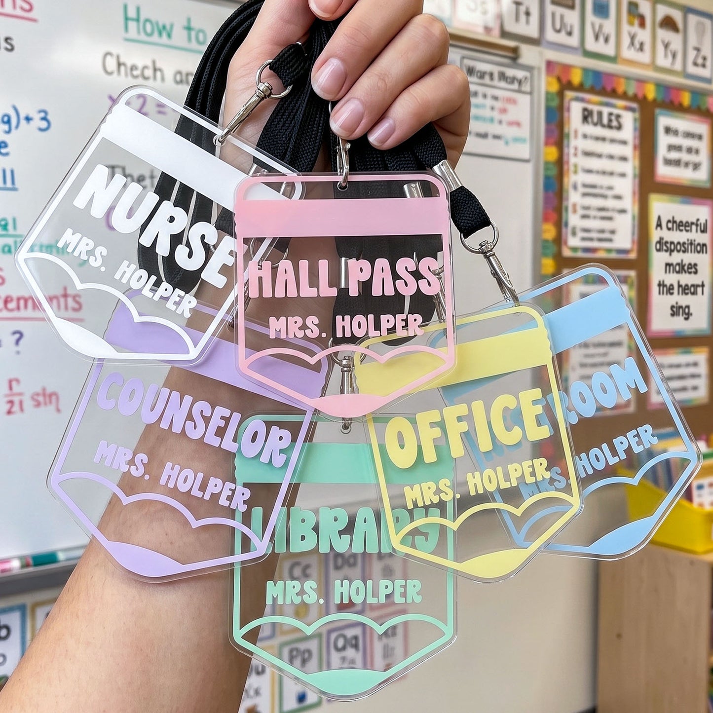Personalized Teacher Pencil Hall Pass Lanyard, Custom Classroom Pass Badge, School Staff ID Holder, Nurse Counselor Office Library Restroom Pass