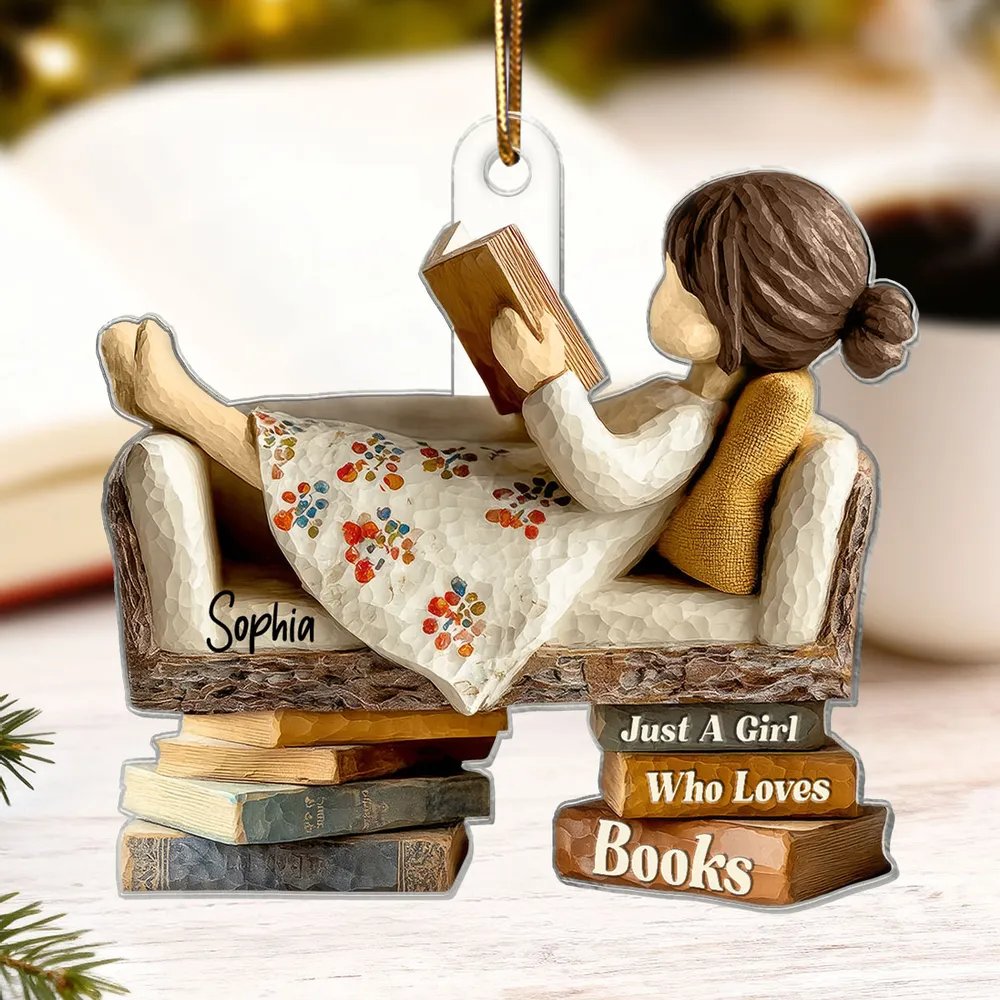 Man Woman Reading Book On Sofa - Personalized Acrylic Ornament - Christmas Gift For Book Lover, Bookworm