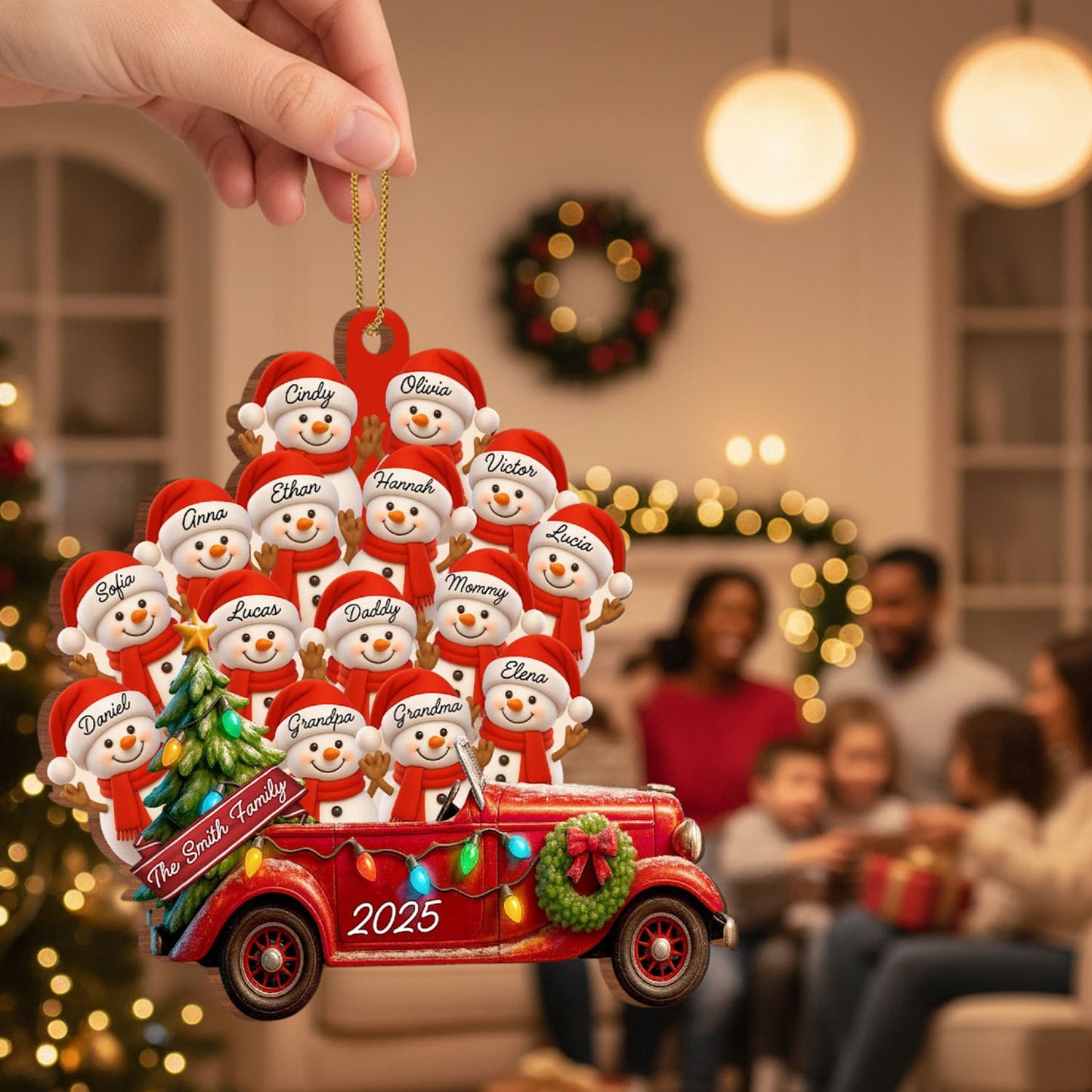 Personalized Big Family Snowman On Red Truck Wooden Ornament, Gift For Family and Christmas Lovers