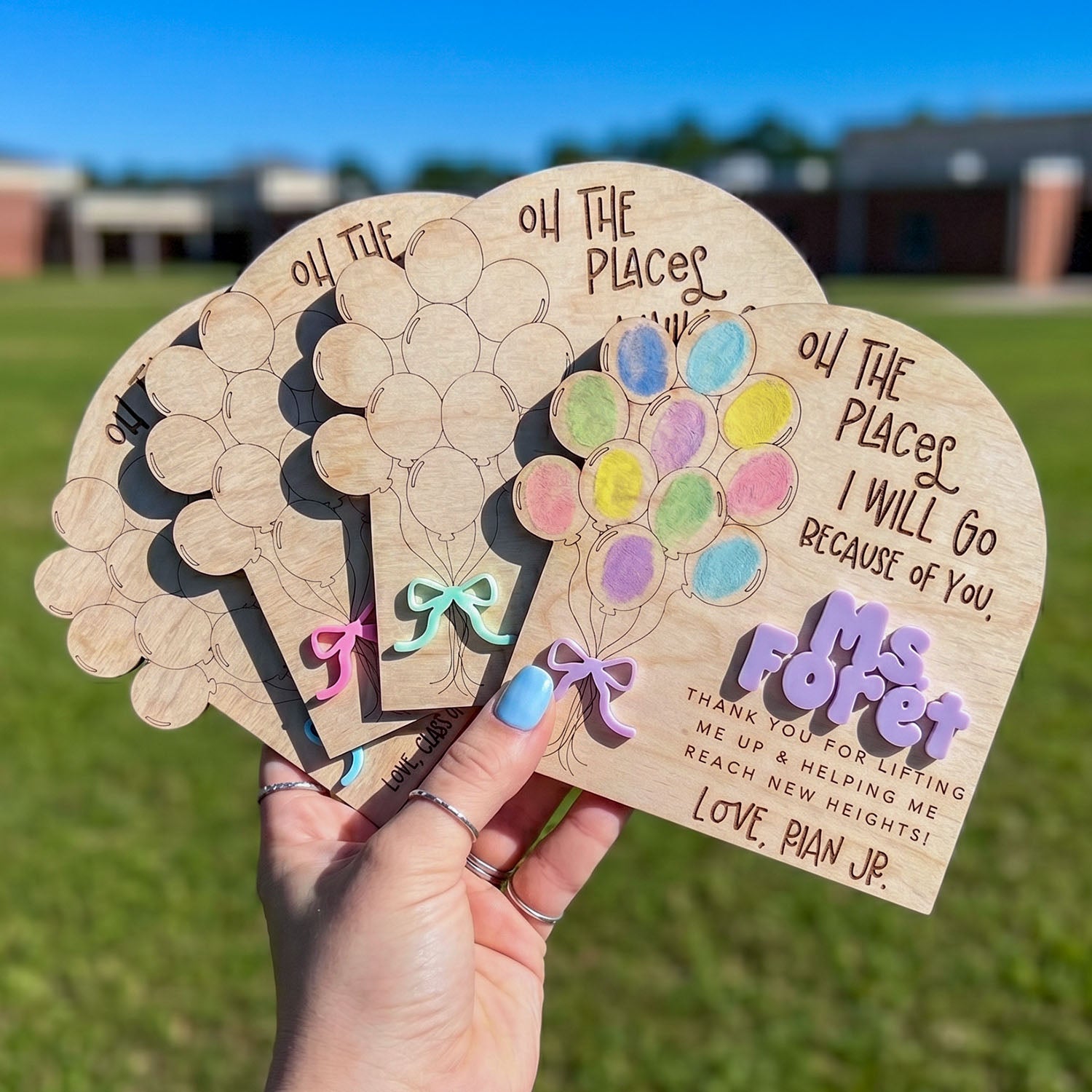 Personalized Teacher Balloon Fingerprint Sign, Custom Handprint Wooden Plaque for Teacher, Oh The Places You Will Go Design, End Of School Year Gift, Kids Keepsake