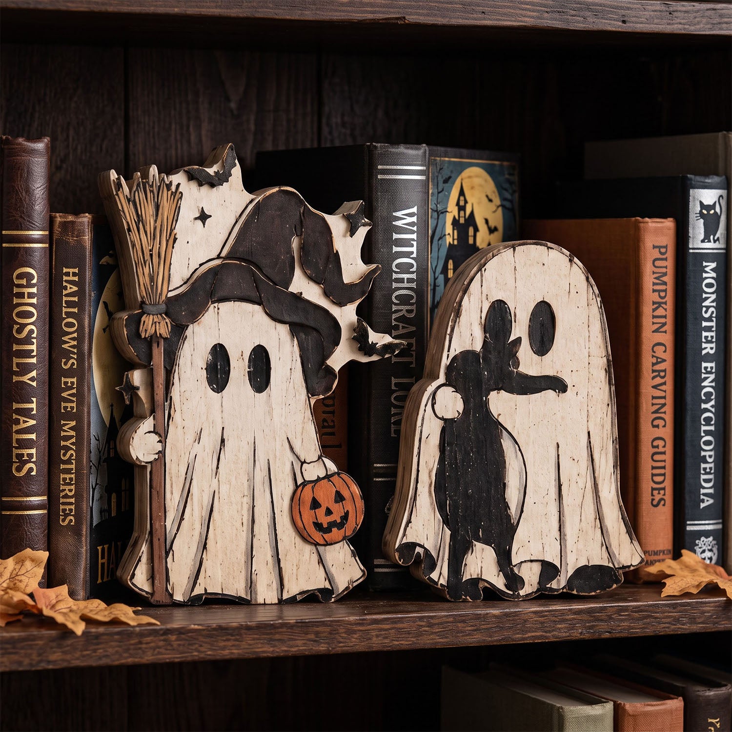Two rustic wooden Halloween ghost decorations displayed on a dark bookshelf among books. One ghost holds a broom and a small orange pumpkin, while the other shows a black silhouette of a child on a white sheet.