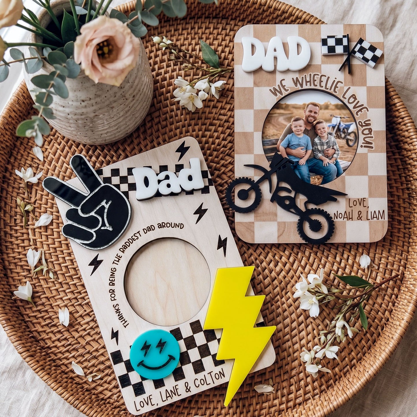 Personalized Racing Photo Holder Car Visor Clip, Custom Dad Car Sun Visor Picture Frame With Motocross And Checkered Flag Decor, Drive Safe Gift From Kids