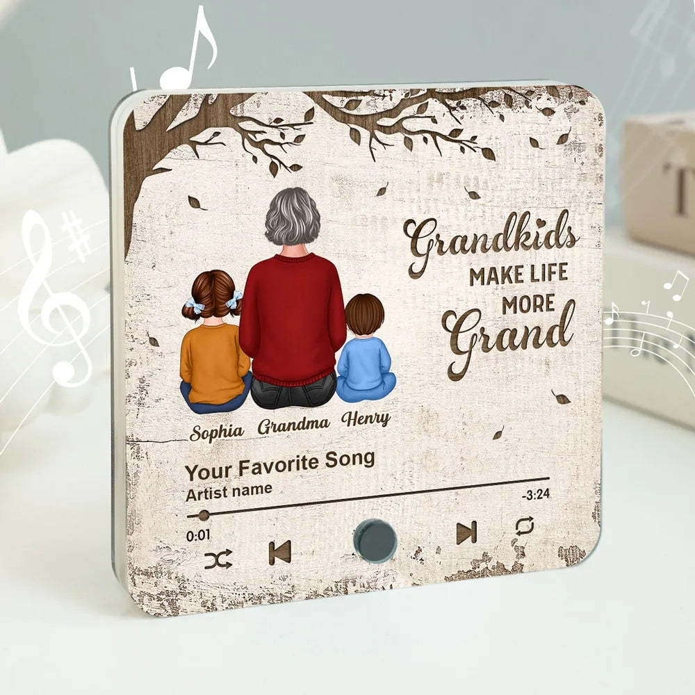 Grandkids Make Life More Grand, Grandma Grandkids Sitting Back View Personalized Music Fridge Magnet, Mother's Day Gift for Grandma