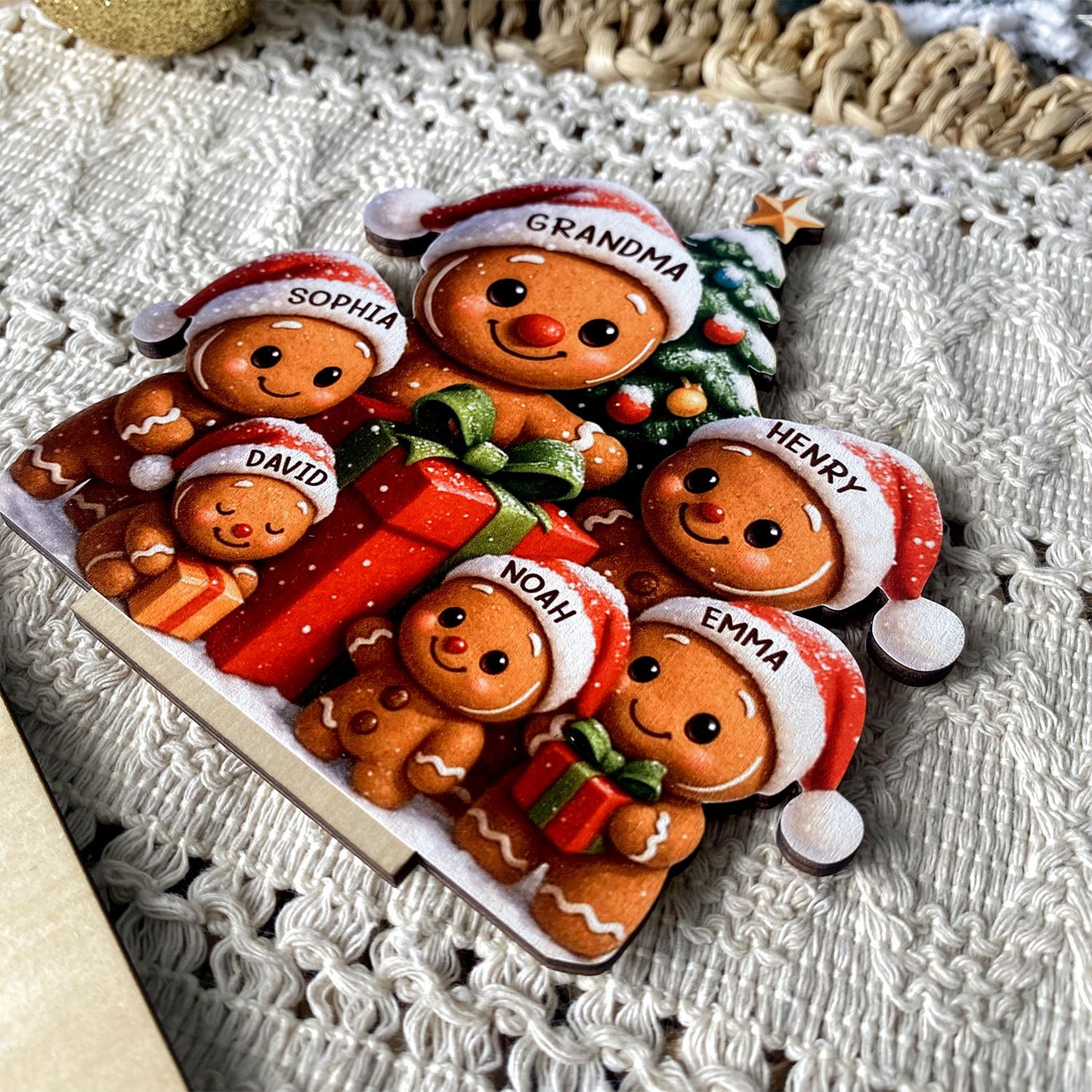 Gingerbread Family Standing Wooden Plaque, Personalized Christmas Standing Wooden Plaque