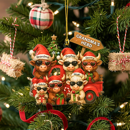 Personalized Christmas Highland Cow On Truck Acrylic Ornament, Family Christmas Ornament