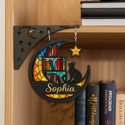 Personalized Half Moon Cat Bookshelf Corner Bracket, Wooden Corner Decor, Library Decor, Bookshelf Decor, Gift for Readers, Book Lovers Gift