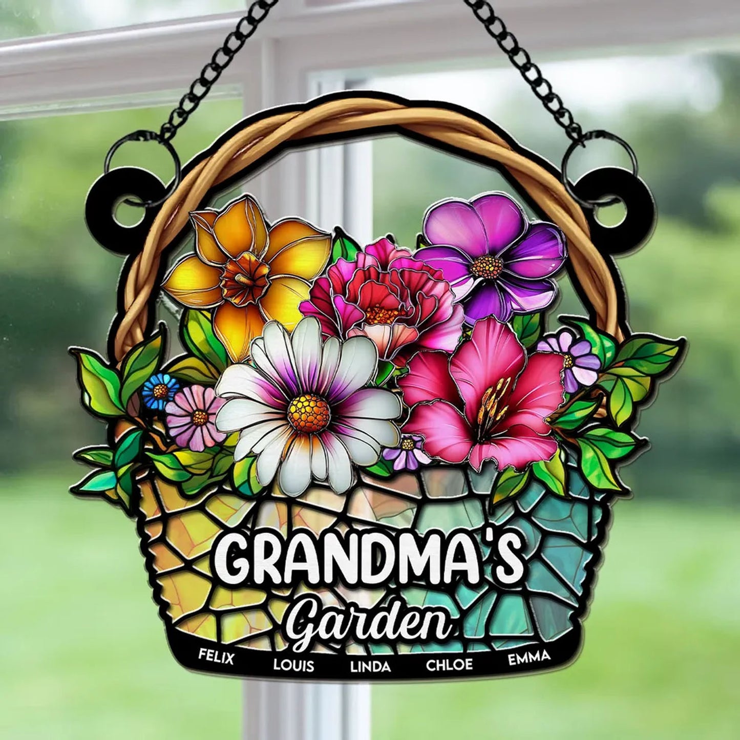 Personalized Birth Month Flower Basket Window Hanging Suncatcher, Grandma Garden Mother's Day Gift