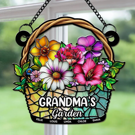 Personalized Birth Month Flower Basket Window Hanging Suncatcher, Grandma Garden Mother's Day Gift