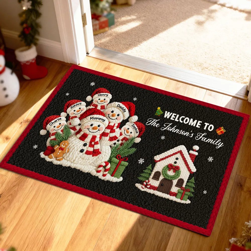 Welcome to Our Family Snowman Latch Hook Yarn Faux - Personalized Doormat - Festive Christmas Decor for Family