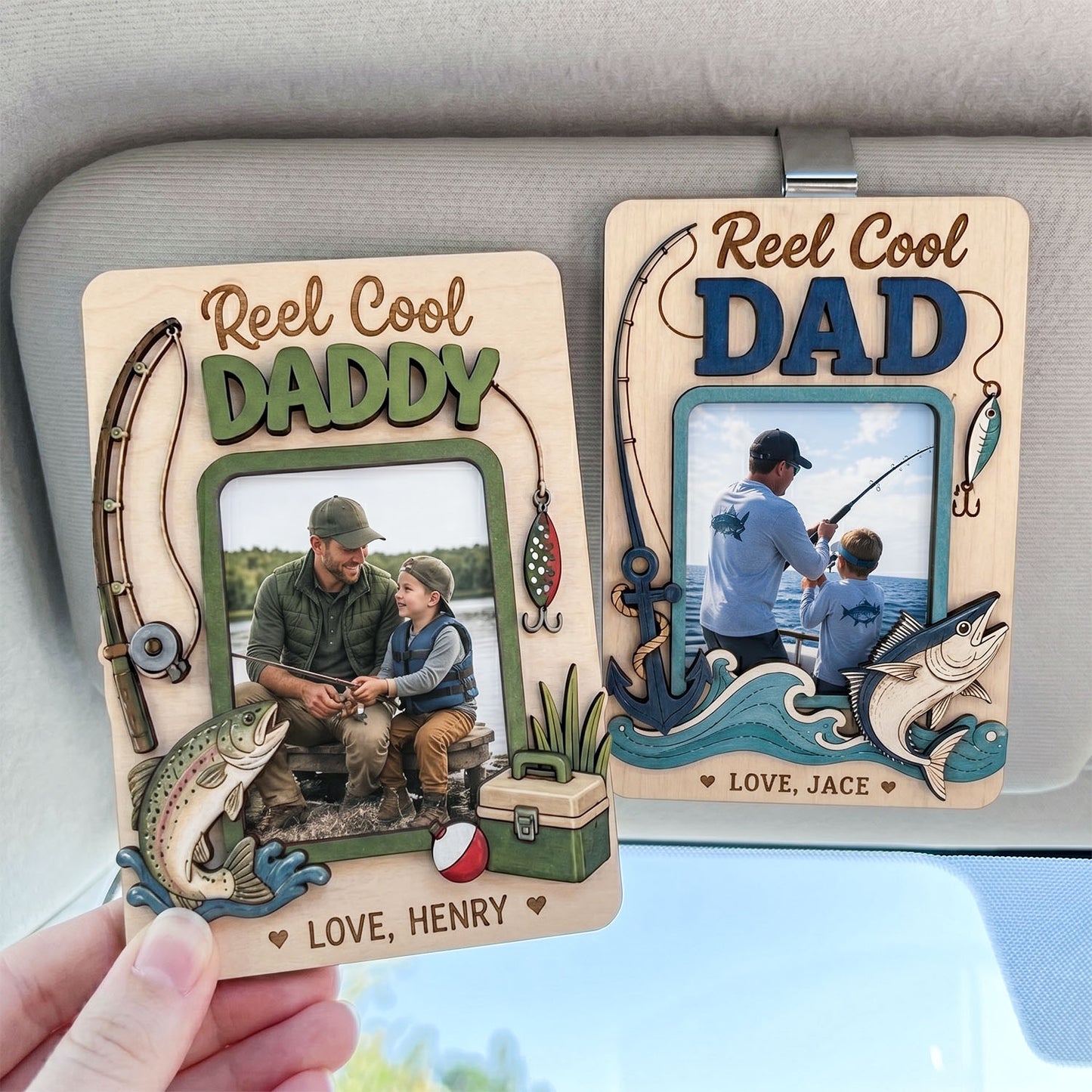 Personalized Fishing Photo Car Visor Clip, Custom Reel Cool Dad Daddy Picture Frame Ornament, Hanging Car Decor Gift, Father’s Day Gift For Dad