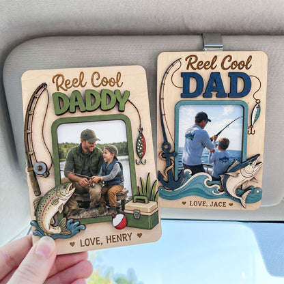 Personalized Fishing Photo Car Visor Clip, Custom Reel Cool Dad Daddy Picture Frame Ornament, Hanging Car Decor Gift, Father’s Day Gift For Dad