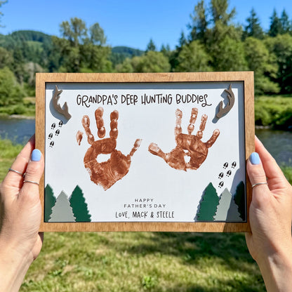 Personalized Deer Hunting Handprint Wooden Sign, Custom Daddy Grandpa Hunting Buddy Sign Decor, Rustic Father's Day Gift