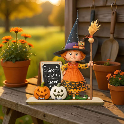 Personalized Grandma Witch Standing Wooden Plaque, Halloween Jack-o'-lantern Decor for Grandma