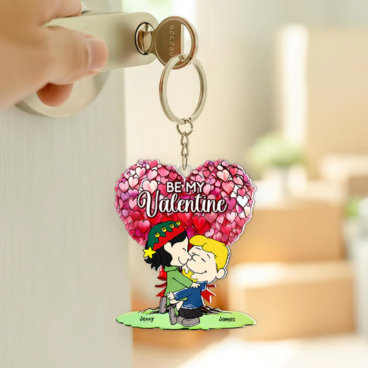 Personalized Cartoon Couple Kissing Under Heart Tree Keychain, Valentine's Day Gift for Couples, Gift For Him, Gift For Her