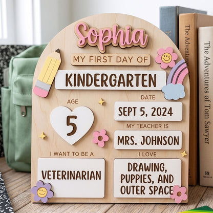 Personalized Interchangeable Pastel Rainbow Back to School Board, First And Last Day Of School, Custom 3D Name Milestone Sign, Reusable Back To School Photo Prop