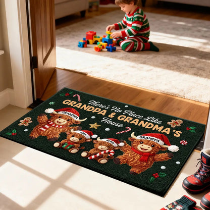 3D Faux Crochet Effect Christmas Grandma Grandkids Highland Cow Together - Personalized Doormat